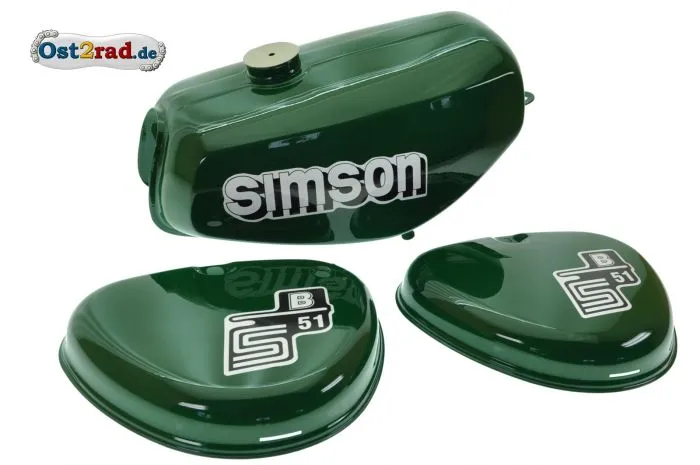 Tank Set mit Seitendeckel S51 S70 Billardgrün, versiegelt, mit Aufkleber Simson Tank Set mit Seitendeckel S51 S70 Billardgrün, versiegelt, mit Aufkleber Simson