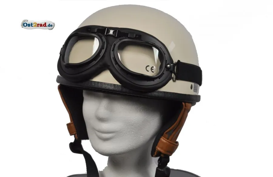 Oldtimerhelm mit Brille passend für MZ JAWA SIMSON AWO Halbschale - Leder braun Oldtimerhelm mit Brille passend für MZ JAWA SIMSON AWO Halbschale - Leder braun