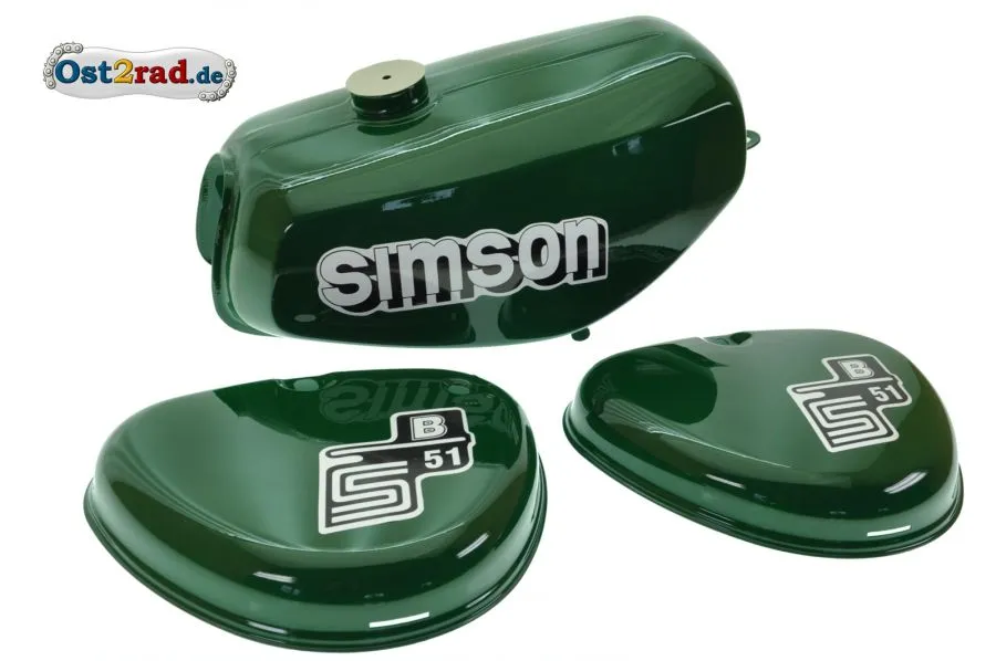 Tank Set mit Seitendeckel S51 S70 Billardgrün, versiegelt, mit Aufkleber Simson Tank Set mit Seitendeckel S51 S70 Billardgrün, versiegelt, mit Aufkleber Simson