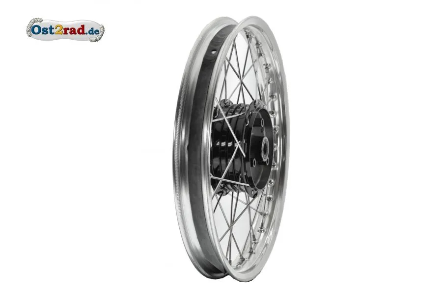 Speichenrad 1,5x16 Zoll Felge ALU poliert Speichen CHROM + schwarze Nabe Simson Speichenrad 1,5x16 Zoll Felge ALU poliert Speichen CHROM + schwarze Nabe Simson
