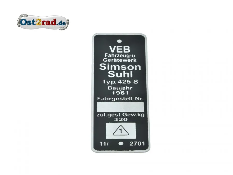 Typenschild Simson AWO-S 425 eckig Typenschild Simson AWO-S 425 eckig