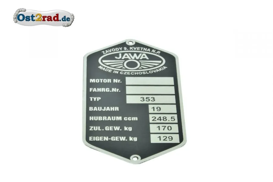 Typenschild JAWA Kyvacka 250 Typ 353 tschechisch Typenschild JAWA Kyvacka 250 Typ 353 tschechisch