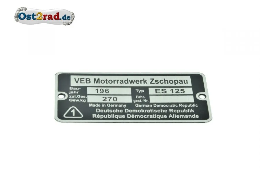 Typenschild passend für MZ ES 125 Typenschild passend für MZ ES 125