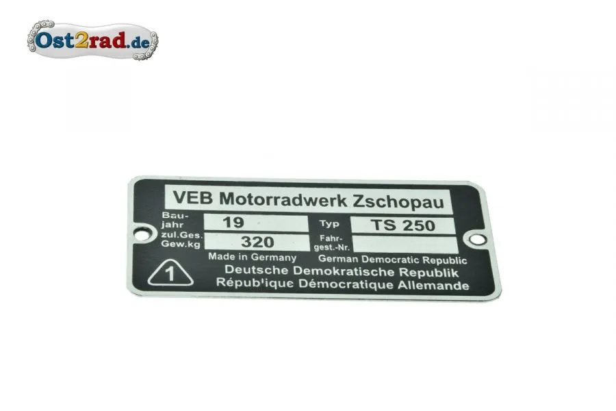Typenschild passend für MZ TS 250 Typenschild passend für MZ TS 250