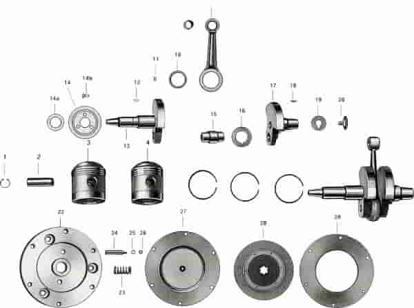 Kolben, Kurbeltrieb (mit Ölschleuderblech ab Motor-Nr. 158124), Kupplung
