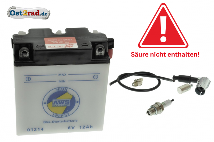 Komplettset Batterie 6V 12A schmal passend für MZ ES, TS  (Preis zuzügl. Batteriepfand 7,50 €)