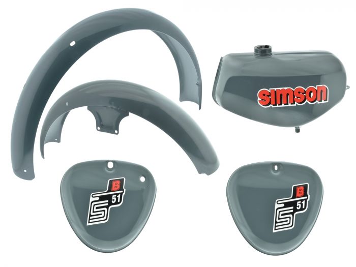Tank Seitendeckel MIT Kotflügel S51 S70 Eisengrau, versiegelt, mit Aufkleber Simson