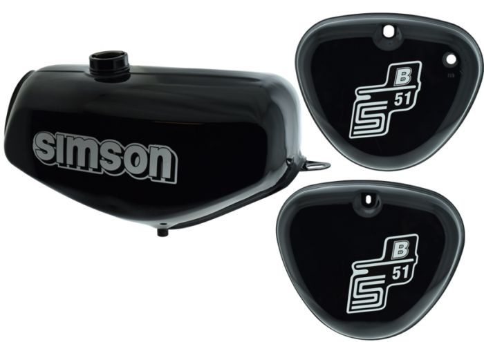 Tank Set mit Seitendeckel S51 S70 Billant-Schwarz, versiegelt, mit Aufkleber Simson