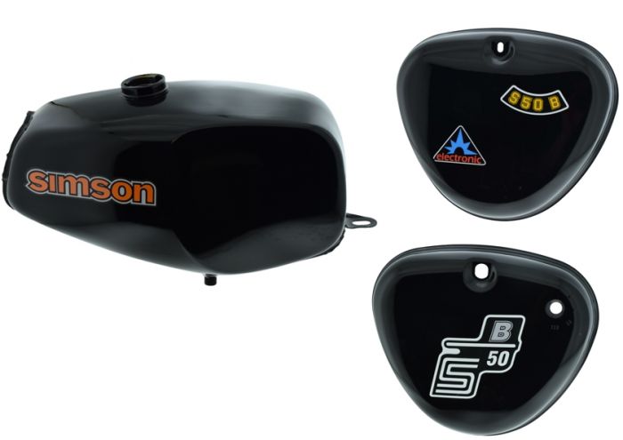Büffeltank Set mit Seitendeckel für Simson S50 S51, Brillant Schwarz, innen versiegelt