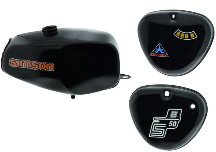 Büffeltank Set mit Seitendeckel für Simson S50 S51, Brillant Schwarz, innen versiegelt