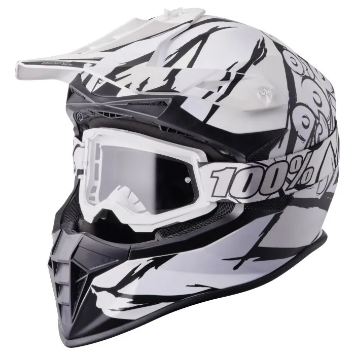 SET Motocrosshelm Fortis Graffi gms mattschwarz-weiss + Crossbrille + Schultertasche