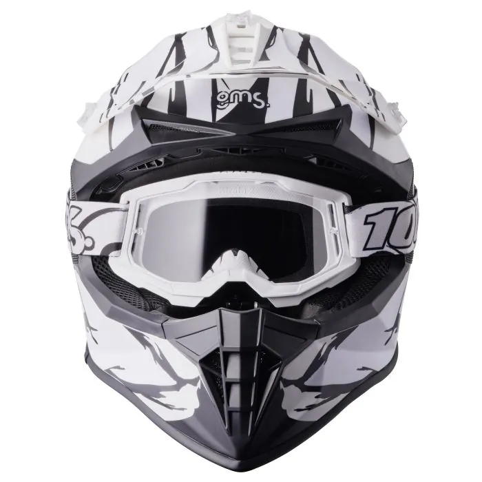 SET Motocrosshelm Fortis Graffi gms mattschwarz-weiss + Crossbrille + Schultertasche