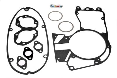 Nouveau kit de joints moteur pour Jawa 250ccm type 353. Contenu : 1x joint de couvercle d'embrayage, 1x joint central moteur, 1x joint de pied, 1x joint de tête en aluminium, 2x joint d'aspiration, 1x bride isolante en plastique.