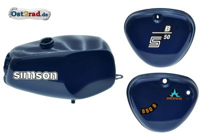 Büffeltank Set mit Seitendeckel für Simson S50 S51, Perlblau Metallic, innen versiegelt