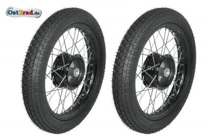 2x Komplettrad RACING SCHWARZ Breitreifen 3,00-16 für Simson S50, S51, Alu-Edelstahl