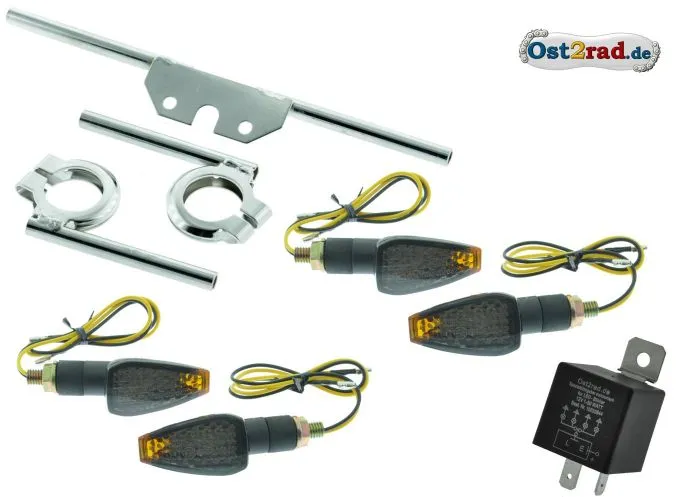 LED Mini Blinker Satz GETÖNT passend für Simson S50 S51 Blinkgeber Halter Chrom 12V