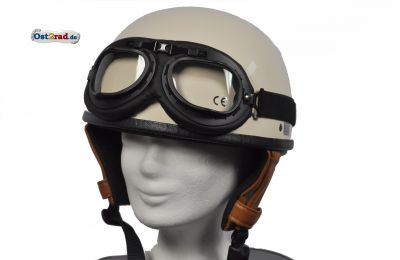 Oldtimerhelm mit Brille passend für MZ JAWA SIMSON AWO Halbschale - Leder braun