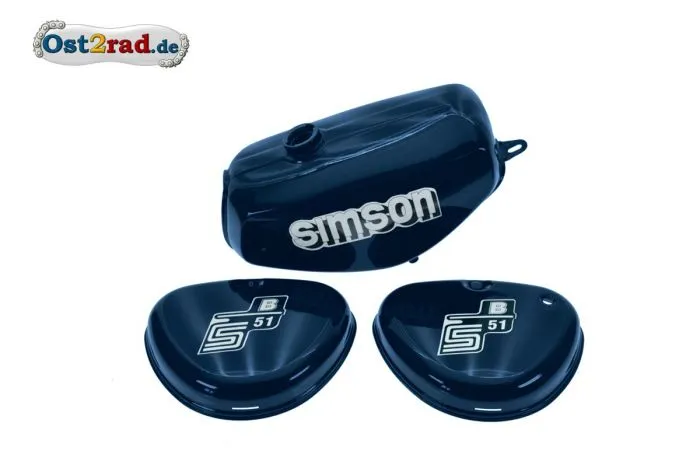 Tank Set mit Seitendeckel S51 S70 Perlblau, versiegelt, mit Aufkleber Simson