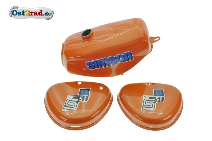 Tank Set mit Seitendeckel S51 S70 PerlOrange, versiegelt, mit Aufkleber Simson
