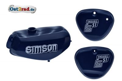 Tank Set mit Seitendeckel S51E ENDURO Perlblau, versiegelt mit Aufkleber Simson