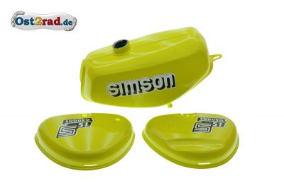 Tank Set mit Seitendeckel S51E ENDURO Schwefelgelb versiegelt mit Aufkleber Simson