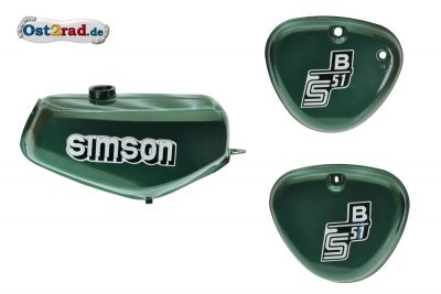 Tank Set mit Seitendeckel S51 S70 ForestGreen Metallic, versiegelt, mit Aufkleber Simson