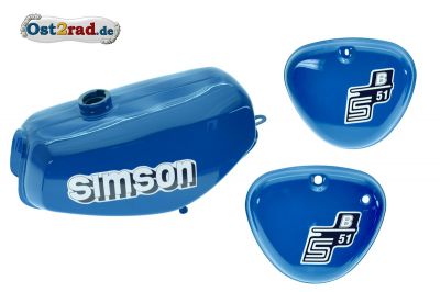 Tank Set Seitendeckel S51B S70 MediumBlue innen versiegelt mit Aufkleber Simson