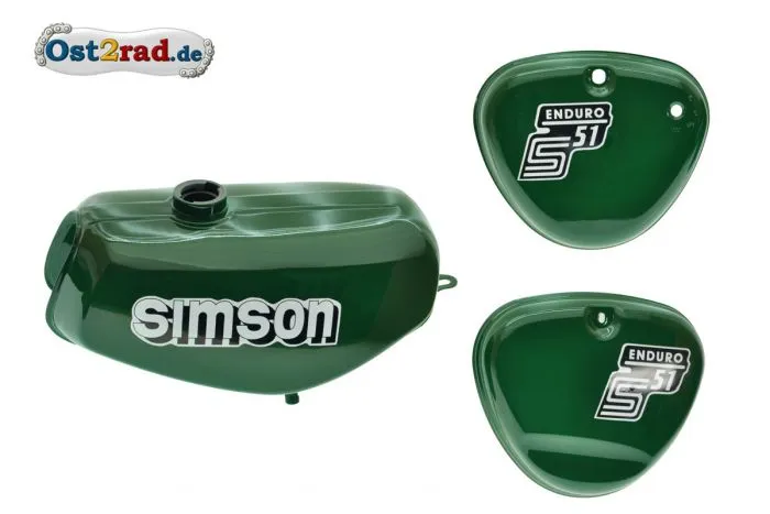 Tank Set mit Seitendeckel S51E Enduro Billardgrün versiegelt mit Aufkleber Simson