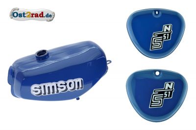 S51N Tank Set Seitendeckel Mittel-Blau, innen versiegelt mit Aufkleber Simson