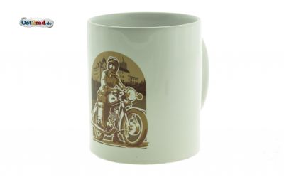 Tasse weiß mit Aufdruck Schloss Zschopau und Motorradfahrerin