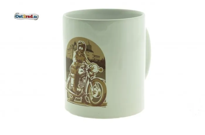 Tasse weiß mit Aufdruck Schloss Zschopau und Motorradfahrerin