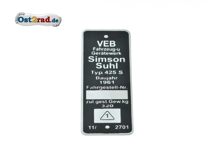 Typenschild Simson AWO-S 425 eckig
