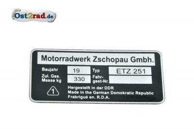 Plaque signalétique MZ ETZ 251 Motorradwerk Zschopau Gmbh.