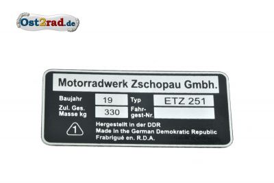 Typenschild ETZ 251 Motorradwerk Zschopau Gmbh.