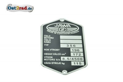 Typenschild JAWA 175 Typ 356 tschechisch