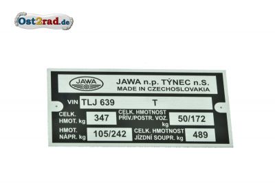 Typenschild JAWA 350 Typ 639