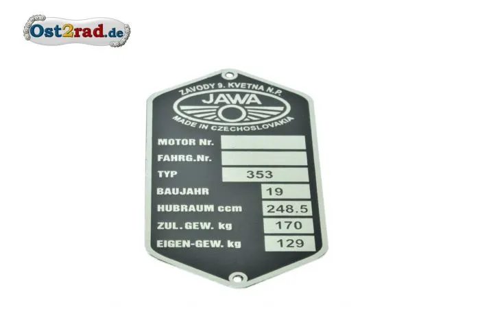 Typenschild JAWA Kyvacka 250 Typ 353 tschechisch