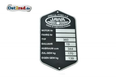 Plaque signalétique JAWA Panelka 350 type 360 allemand