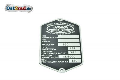 Plaque signalétique JAWA Panelka 350 type 360 tchèque