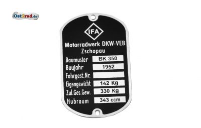 Typenschild passend für MZ BK 350 6-zeilig