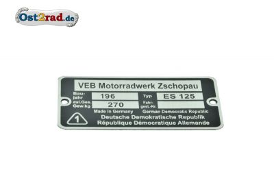 Typenschild passend für MZ ES 125