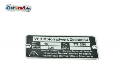 Typenschild passend für MZ TS 250