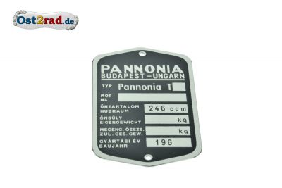 Typenschild Pannonia Model T geschwungene Form