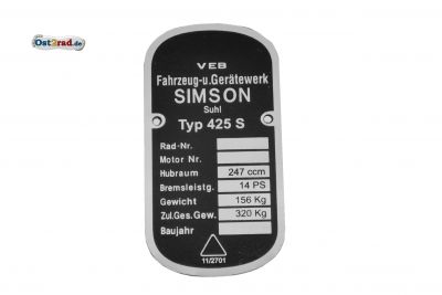 Typenschild SIMSON AWO -S 425 abgerundete Ecken