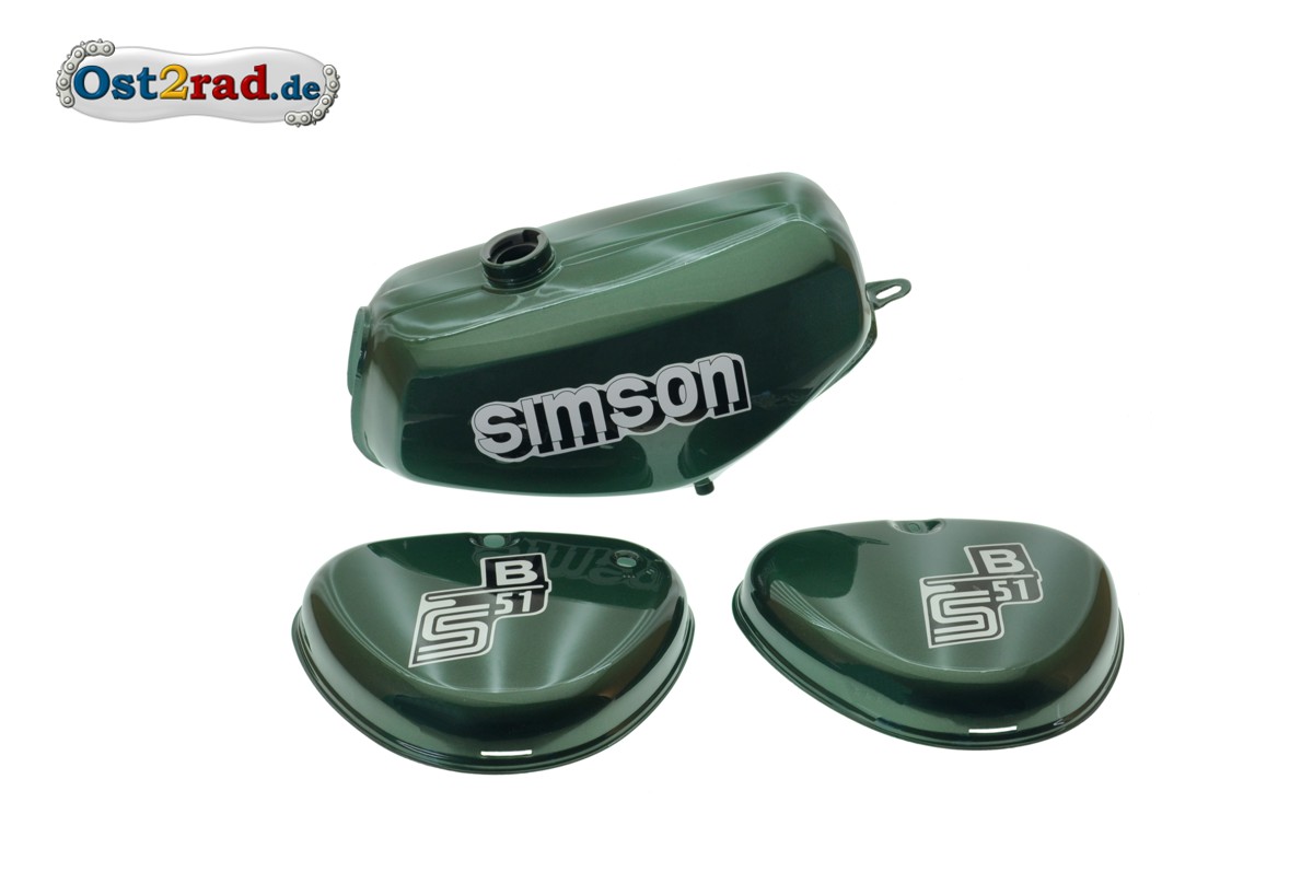 Tank Set mit Seitendeckel S51 S70 ForestGreen Metallic, versiegelt, mit  Aufkleber Simson