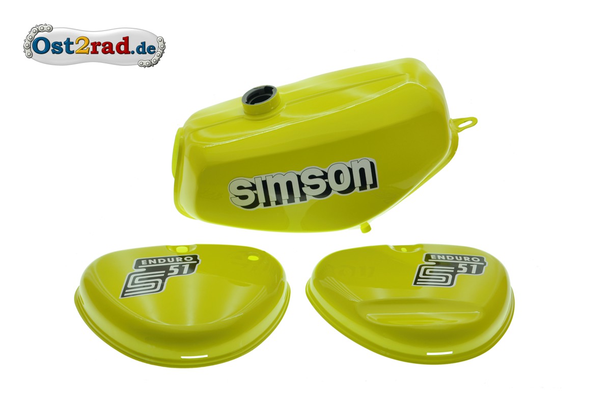 Paket] Set: Simson S50, S51 Tank Silber lackiert + Tankdeckel + Benzinhahn  + 2 Aufkleber Schriftzug Simson