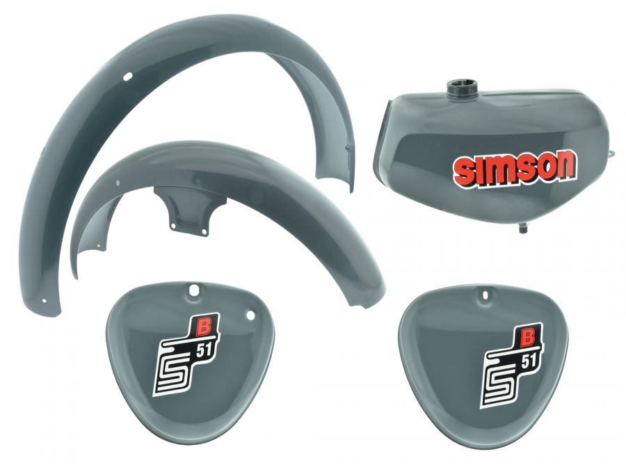 Tank Seitendeckel MIT Kotflügel S51 S70 Eisengrau, versiegelt, mit Aufkleber Simson