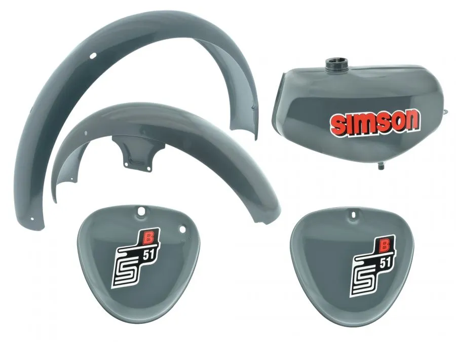 Tank Seitendeckel MIT Kotflügel S51 S70 Eisengrau, versiegelt, mit Aufkleber Simson