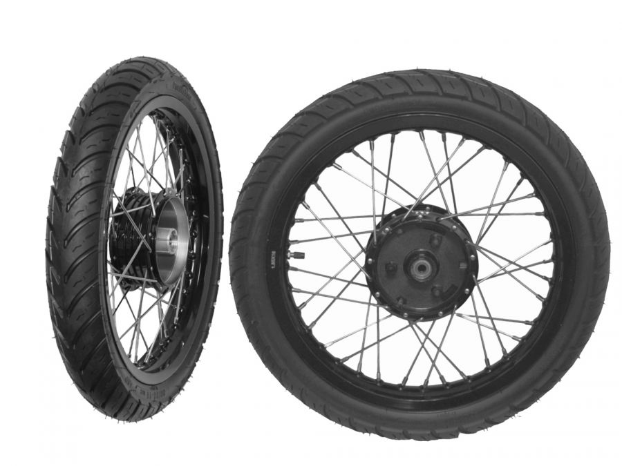 2x Niederquerschnitt 80-80 1.85-16, Komplettrad SCHWARZ für Simson Alu-​Edelstahl Rennsport S50 S51