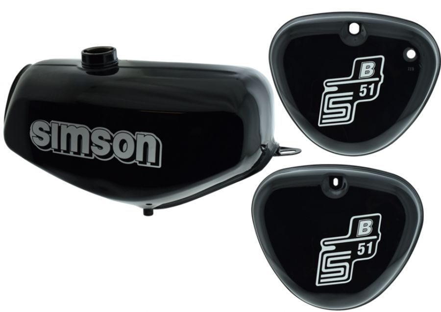 Tank Set mit Seitendeckel S51 S70 Brillant-Schwarz, versiegelt, mit Aufkleber Simson